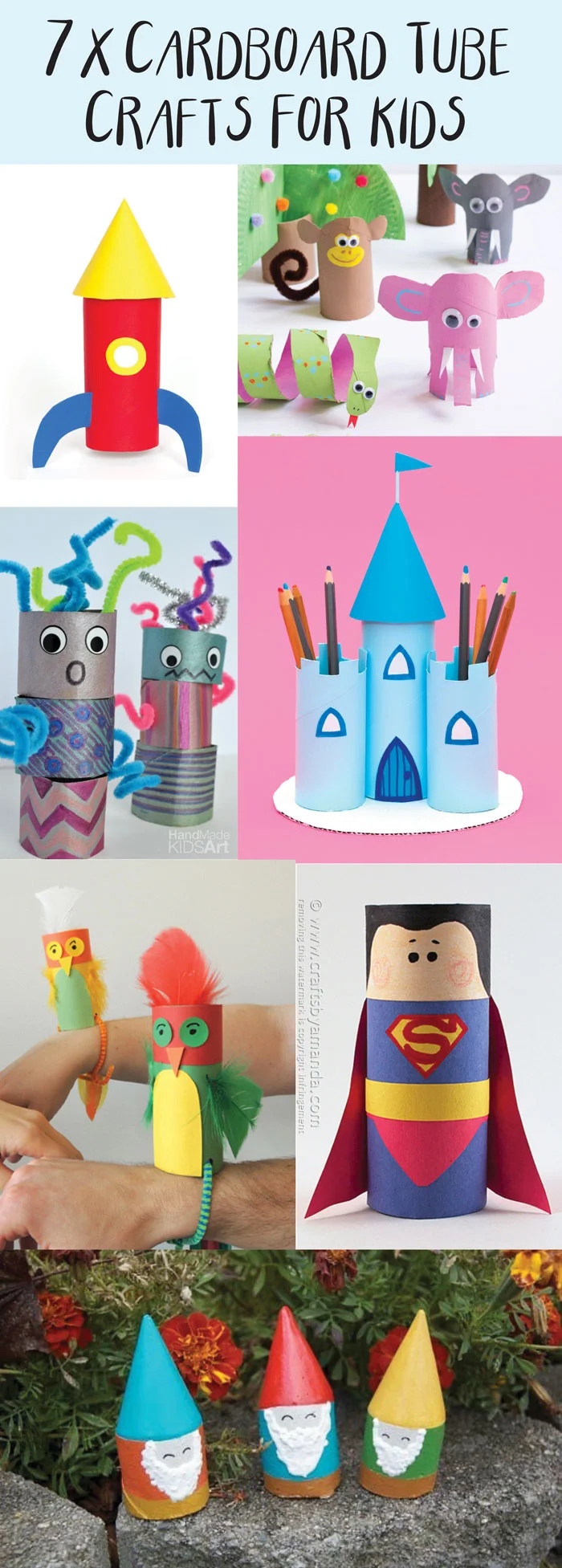 7 great kids craft ideas to make from cardboard tubes! I love crafts made with toilet roll tubes as they are so fun and simple and everyone has them already in their homes!