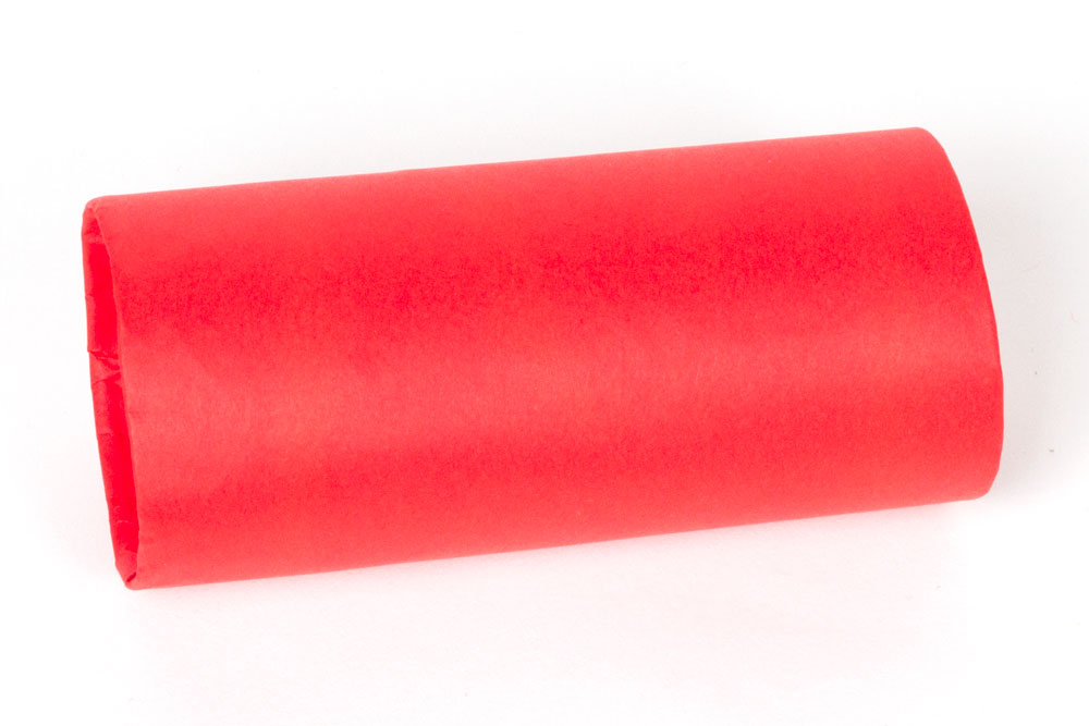 Step 1: Cover a sheet of red paper in glue, then wrap around the whole of the outside of the toilet roll tube. Fold the ends of the paper into the inside of the cardboard tube to make the edges appear much neater.