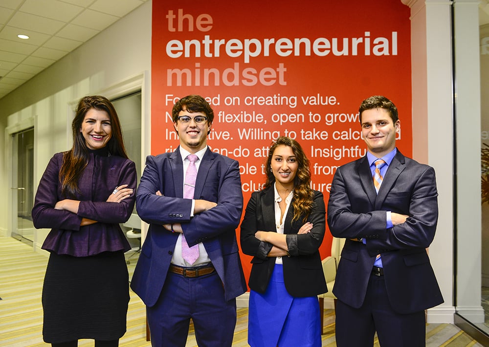 Photo featuring Hannah with the 1st and 3rd Place Winners of High Point University 's Entrepreneurship Pitch Competition 