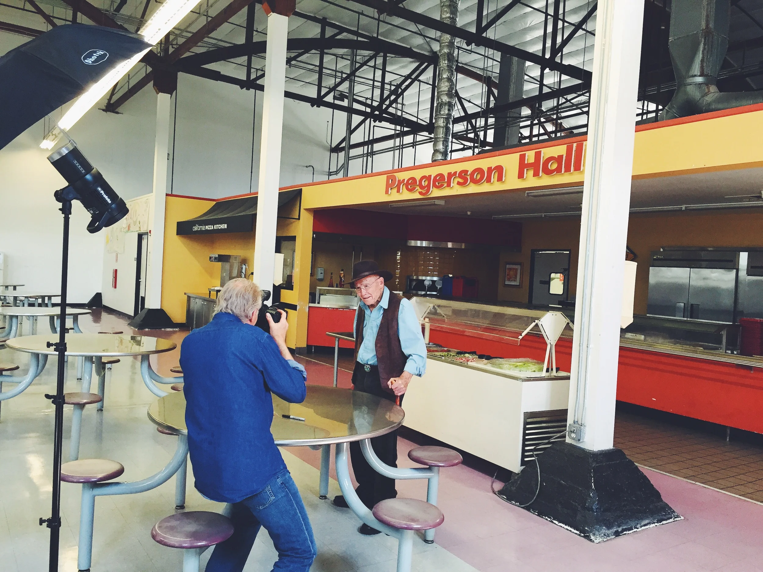  Judge Pregerson in May 2015 posing for a picture in front of the Shelter's dinning hall that was named after him. 