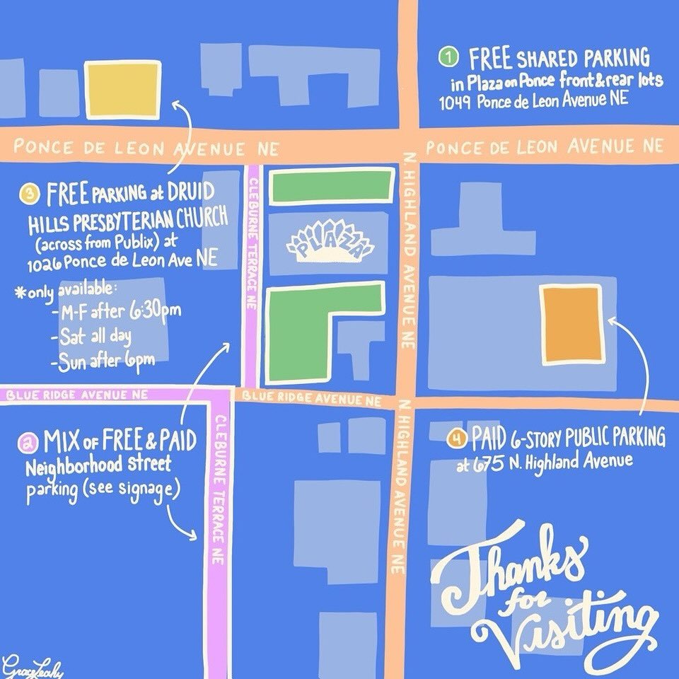 The most SPOOKTACULAR parking map! 

The Plaza Theatre was the first property in all of Atlanta to have it&rsquo;s own off-street parking and has plenty of parking options:

GREEN: Free shared parking in Plaza on Ponce front and rear lots. 

PINK: Mi