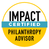 Impact Certified Philanthropy Advisor badge with blue, yellow and white colours