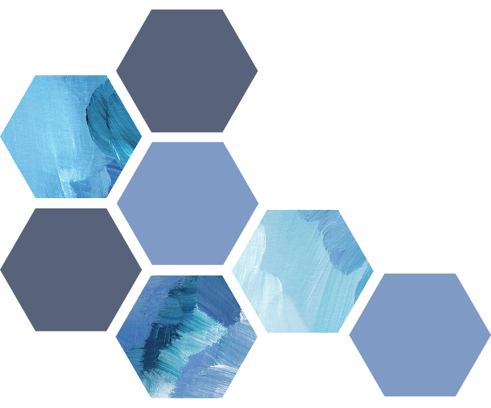 Abstract painted marks in hexagon shapes in various blues.
