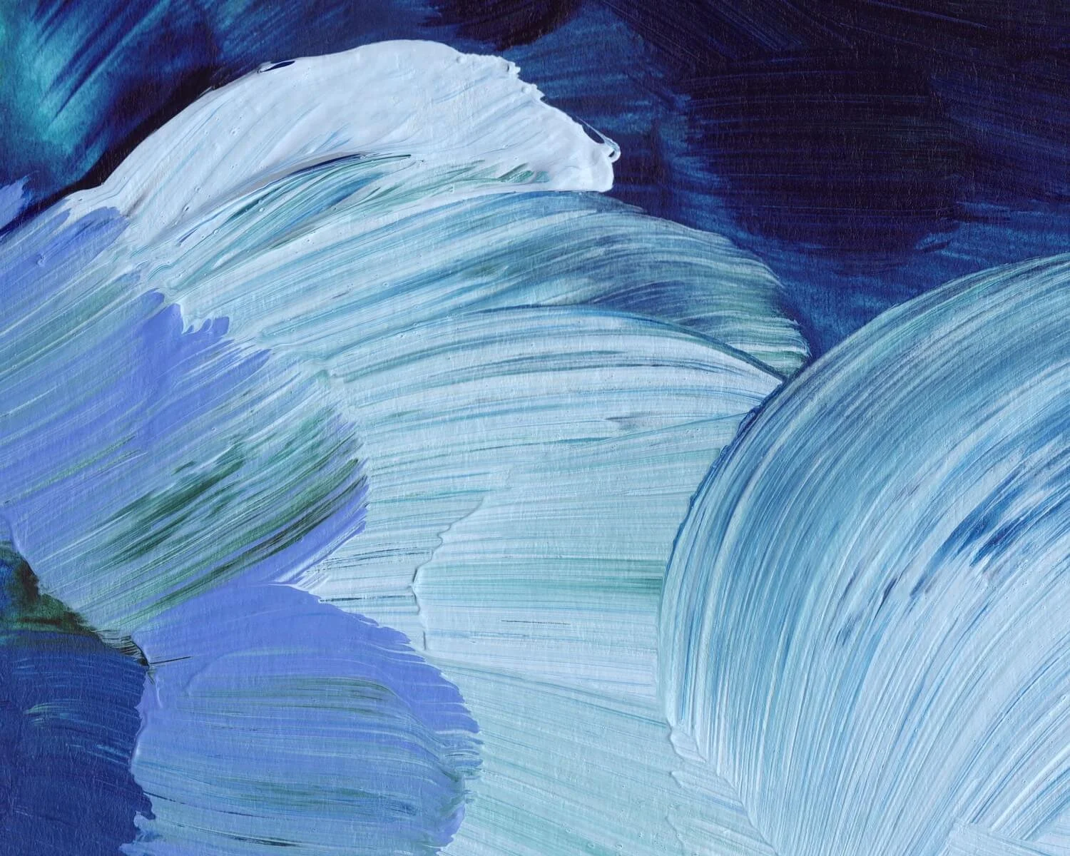 Abstract painting featuring broad, sweeping brushstrokes in various shades of blue, white and hints of green.