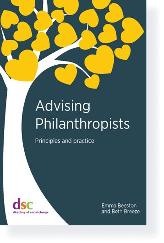 Cover of a book titled 'Advising Philanthropists: Principles and Practice' by Emma Beeston and Beth Breeze. The cover features a white tree with yellow heart-shaped leaves.