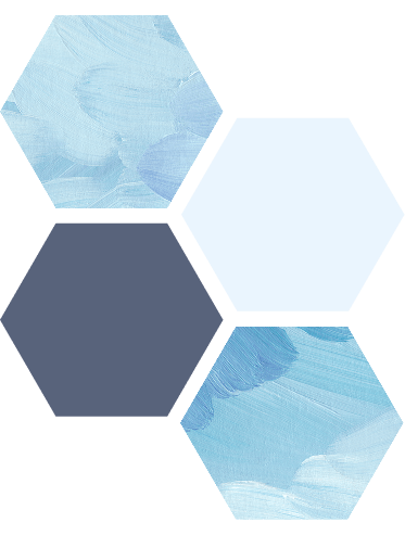 A pattern of four hexagons with varying shades of blue and dark navy, some with textured, painted designs.