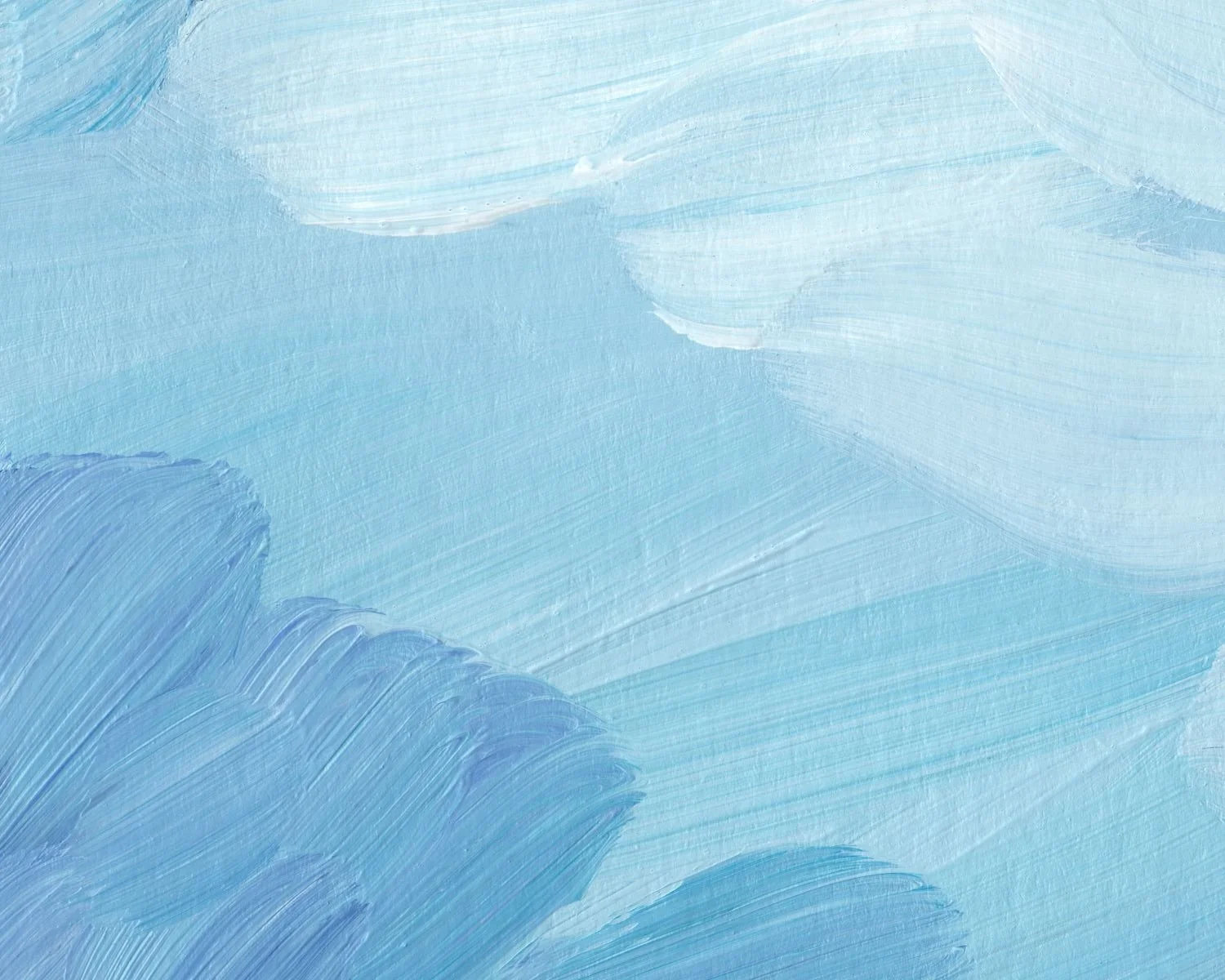 Abstract painting with blue and white brushstrokes resembling clouds or waves.