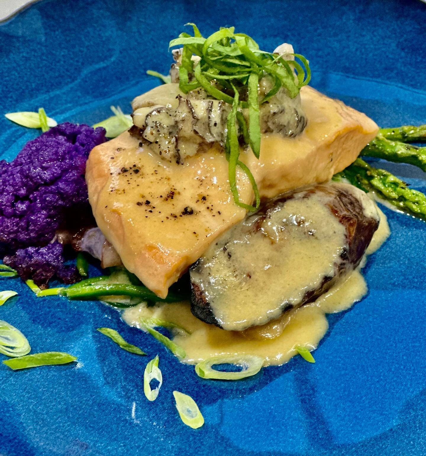 Our Featured Seafood Dinner of the Weekend, Salmon Troisgros, a Chinook Salmon Filet,  Poached in a White Wine, Shallot, and Cr&egrave;me Fraiche Reduction. Served with Saut&eacute;ed Greens and Seared Local Mushrooms.
.
Open Wednesday to Sunday 5pm-