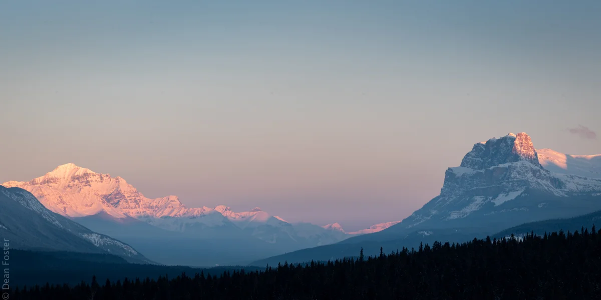 The Bow Valley flanked by Castle Mountain and Mount Temple