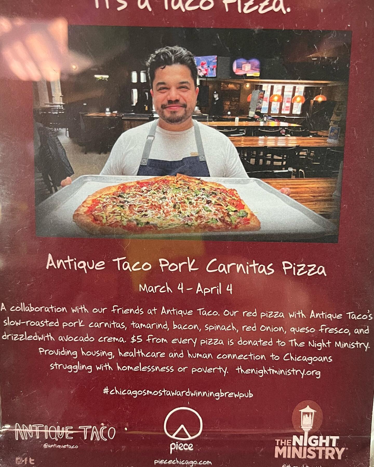 Love this promotion. Awesome @antiquetaco Go get a @piecechicago pizza and help @thenightministry #goodFoodGoodCause