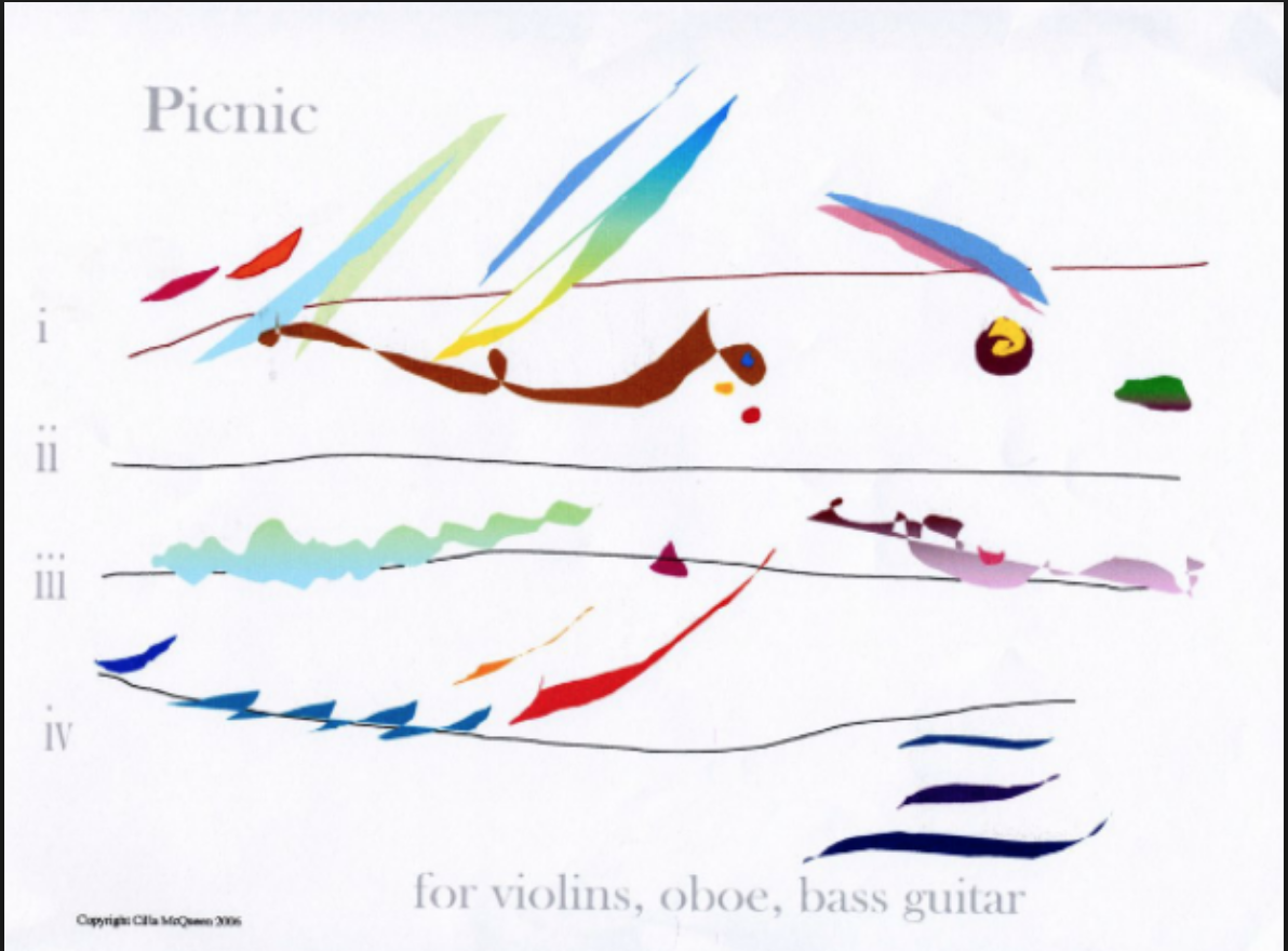 ”Picnic”, Cilla Mc Queen. Graphic Score for violins, oboe and bass guitar