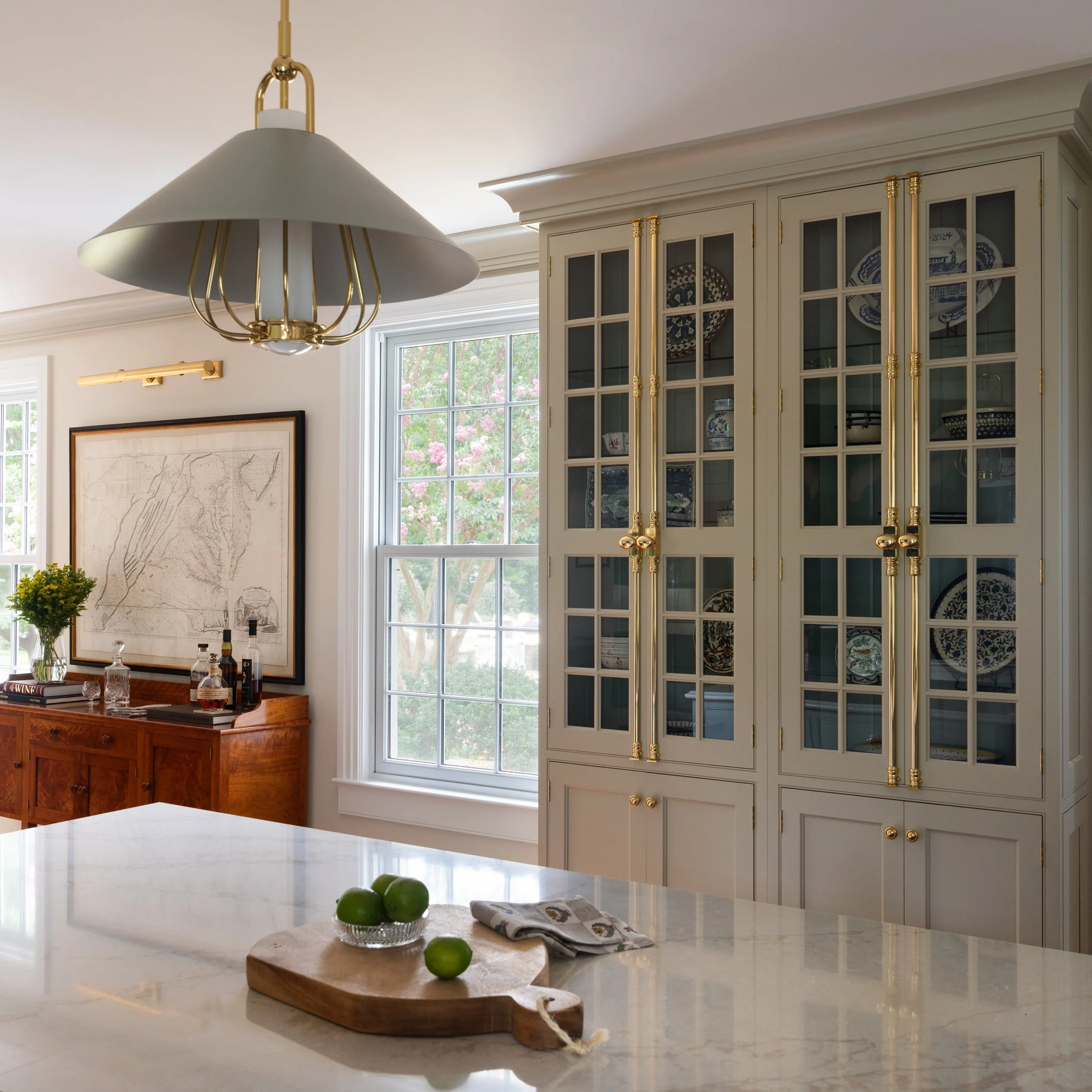 Kitchen island and display cabinet.