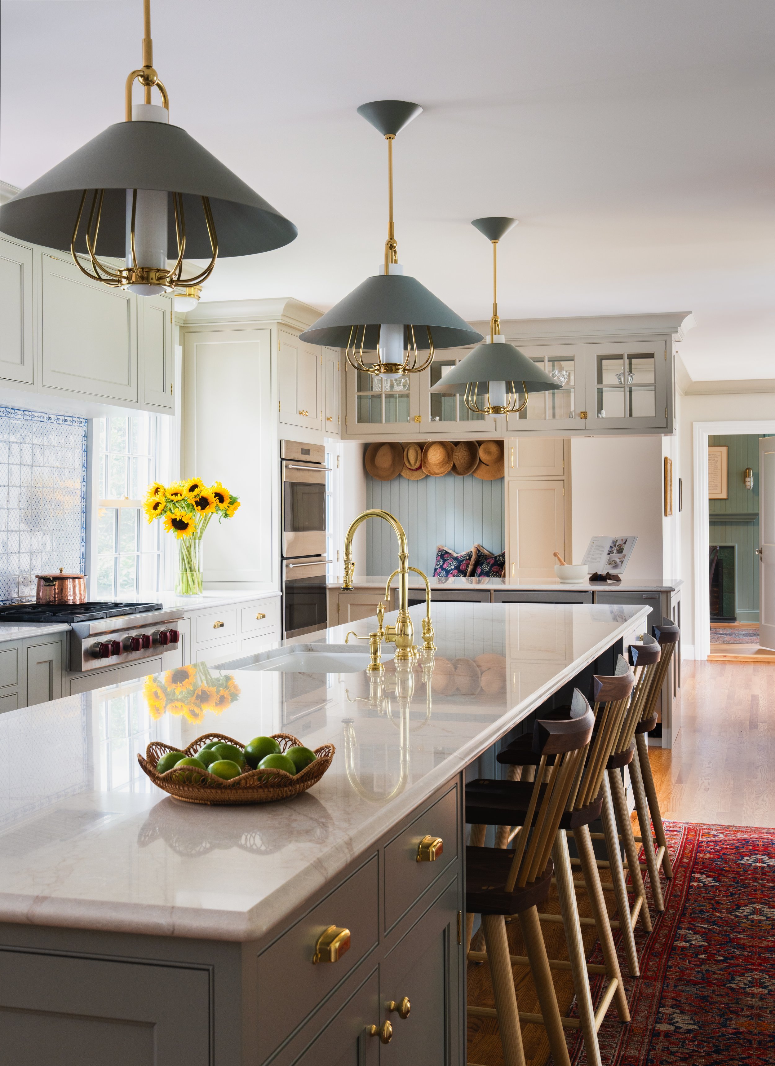 Kitchen island with basket of limes.
