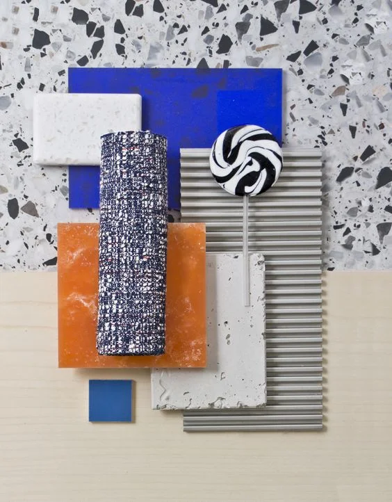 A deisgn board that demonstates the core colour, pattern, texture, material and finishes examples. Image Source : Pinterest