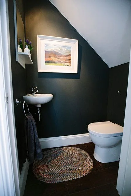 Toilet, or Powder Room under the stairs. Image Source Houzz.