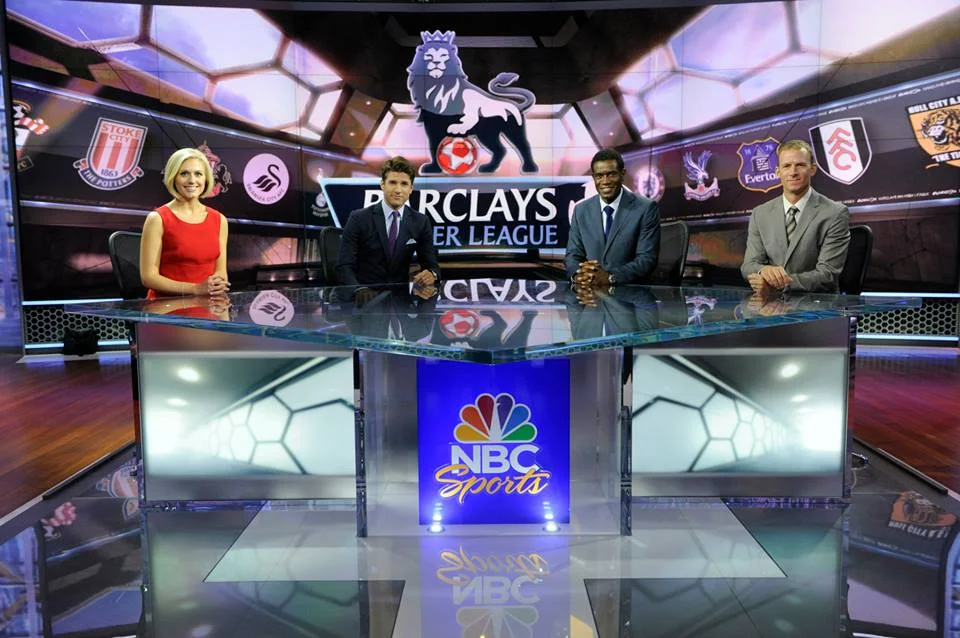 NBC's excellent EPL studio cast: host Rebecca Lowe, and analysts Kyle Martino, Robbie Earle and Robbie Mustoe. 