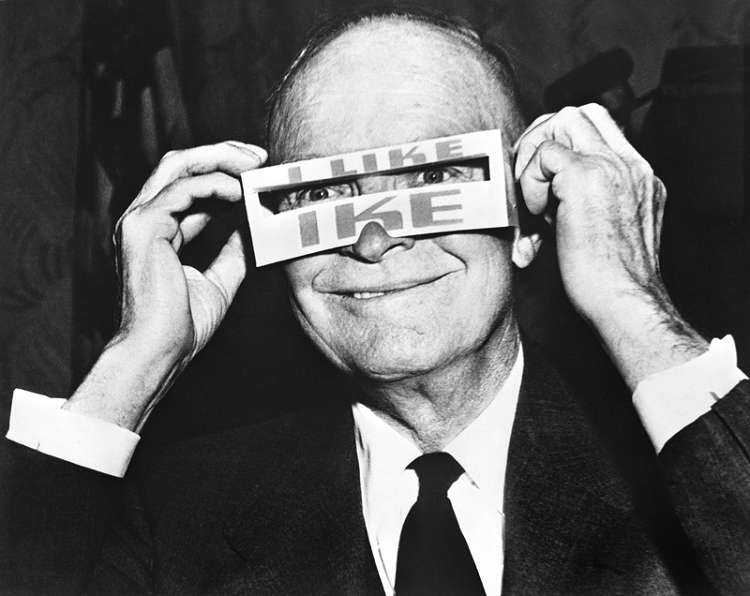 President Dwight Eisenhower wearing "I Like Ike" glasses
