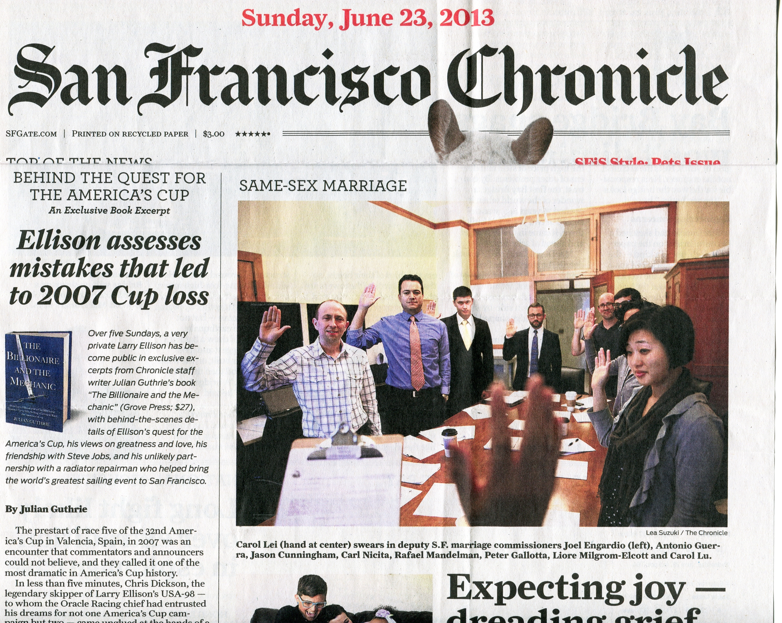 Front page photo of Joel Engardio sworn in as deputy marriage commissioner in advance of U.S. Supreme Court ruling to make same-sex marriage legal in California.