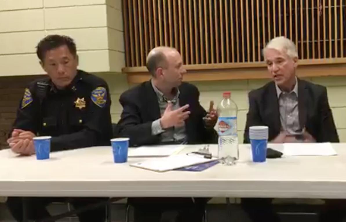 District Attorney George Gascon and police Captain Robert Yick discuss the property crime epidemic in San Francisco with Stop Crime SF vice president Joel Engardio