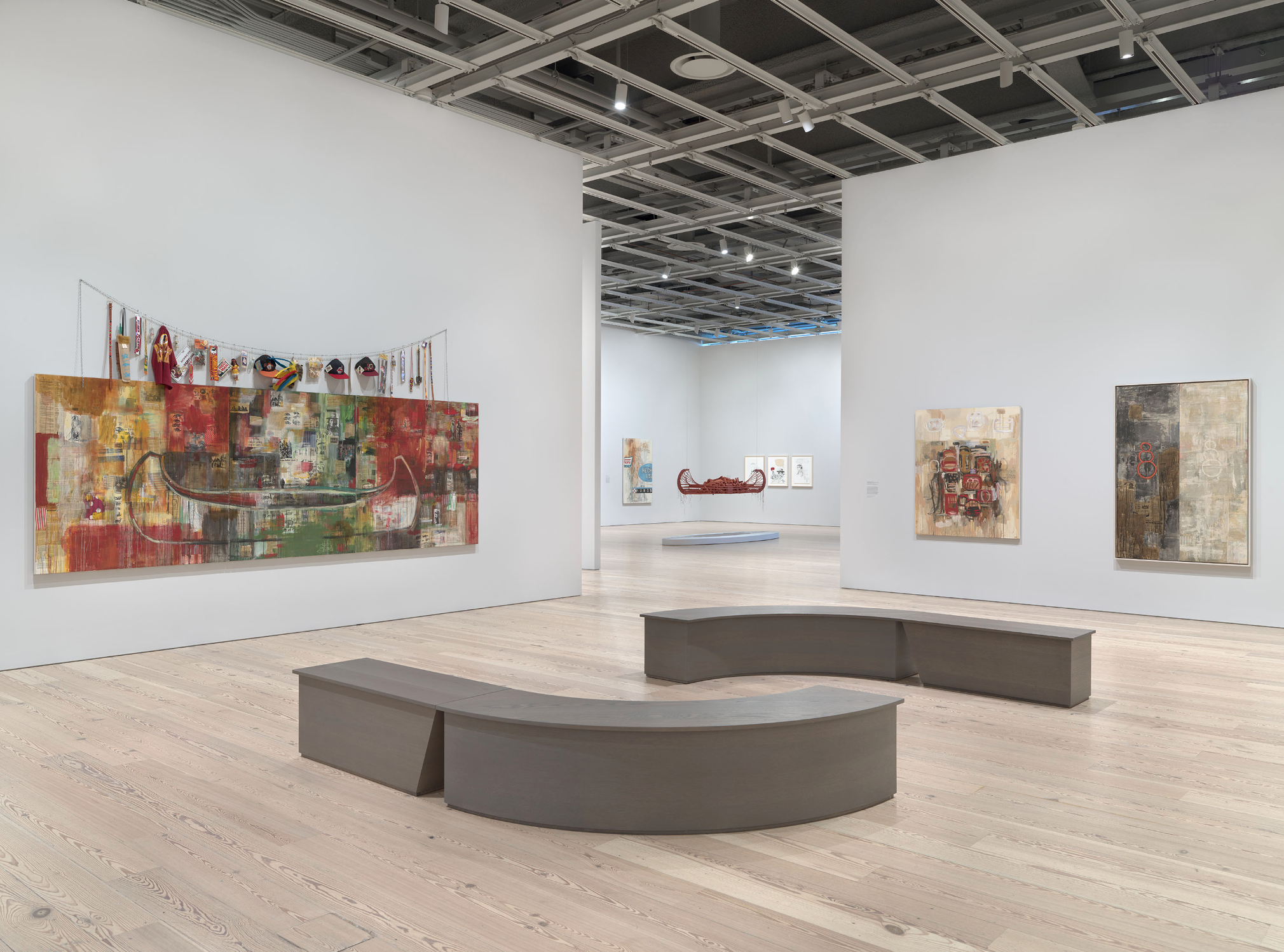  Installation view of&nbsp;Jaune Quick-to-See Smith: Memory Map (Whitney Museum of American Art, New York, April 19-August 13, 2023). From left to right:&nbsp; Trade (Gifts for Trading Land with White People) , 1992;&nbsp; The Rancher , 2002; Jaune Q
