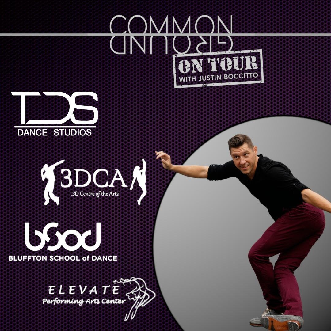 In one week @justinboccitto takes Common Ground back on the road bringing classes to @tdsdancestudios @3dcentreofthearts @blufftondance and @elevateperformingarts. We are always excited about expanding our community! #reunitedwetap #taptour #commongr