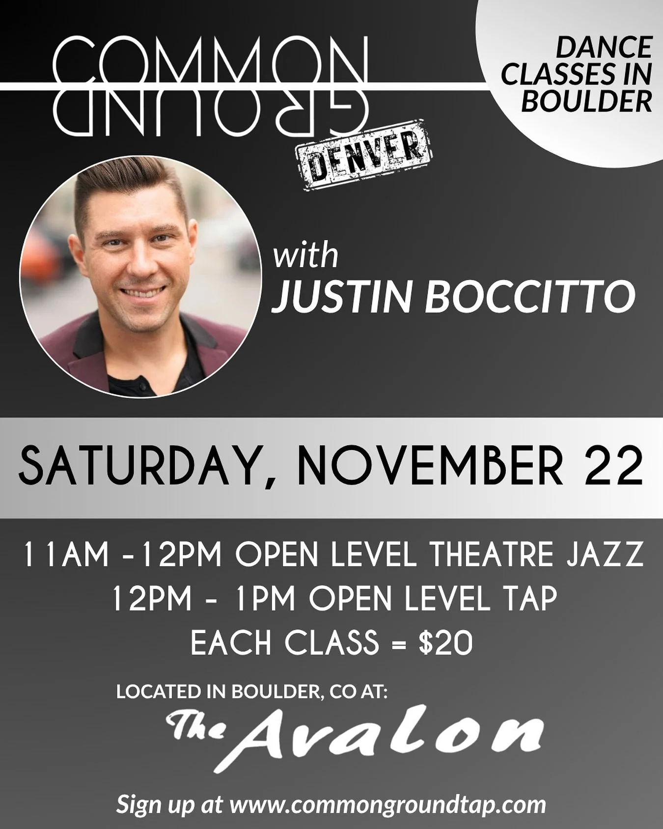 One last round of classes in Boulder for 2025. Join @justinboccitto for tap and theatre jazz at the Avalon Ballroom on November 22nd! Sign up through our link in bio or at www.commongroundtap.com/classes