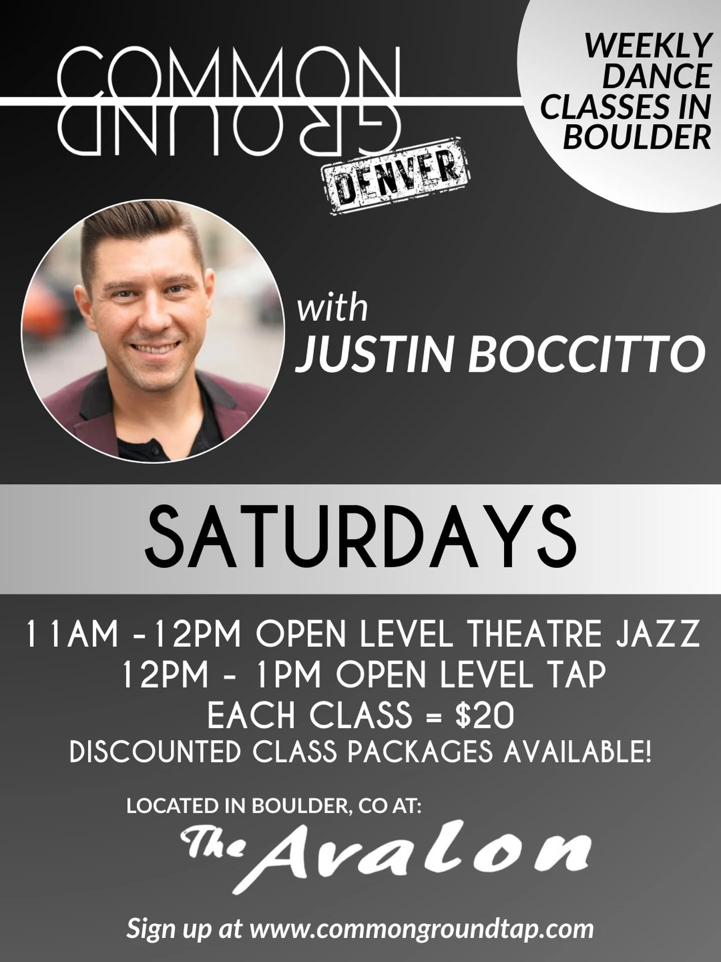 Starting on January 17th @justinboccitto will be teaching his Saturday classes in Boulder on a weekly basis! Come join him and sign before the first class for a discount! Link in bio or www.commongroundtap.com/classes

#tapdance #jazzdance #boulder