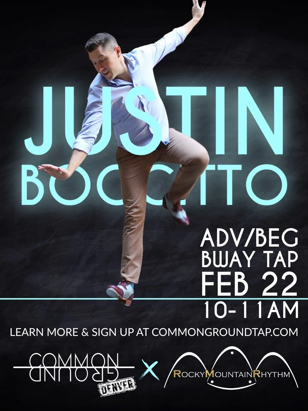 Colorado tap dancers&hellip; @justinboccitto will be teaching a special Broadway inspired tap class on Sunday, February 22nd in Littleton in collaboration with @rockymtnrhythm 

Sign up through our link in bio or visit www.commongroundtap.com 

Tap d