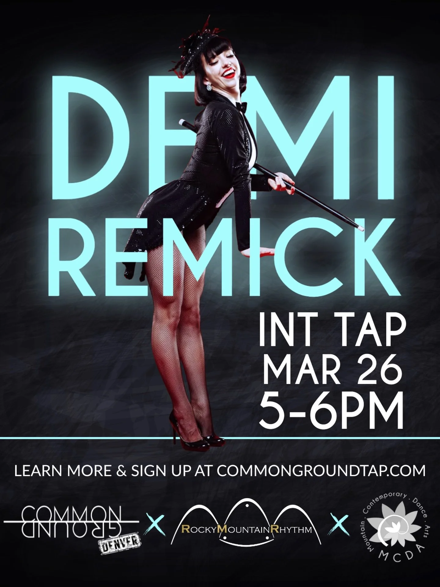 We are very excited to have @demi_remi back in Colorado this month! Don&rsquo;t miss her masterclass being co-presented by Common Ground, @rockymtnrhythm and @mcdadance 

Click our link in bio to sign up or visit www.commongroundtap.com

#tapdance #d