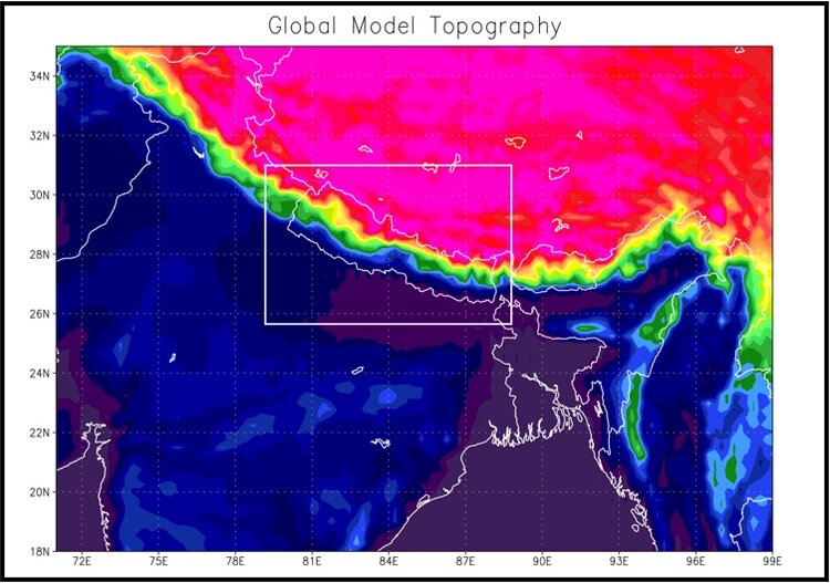 Figure 2. Visualisation of global model topography using GrADS over Nepal domain