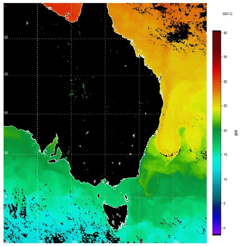 Sea surface temperature. Data provided to a satellite ground station.