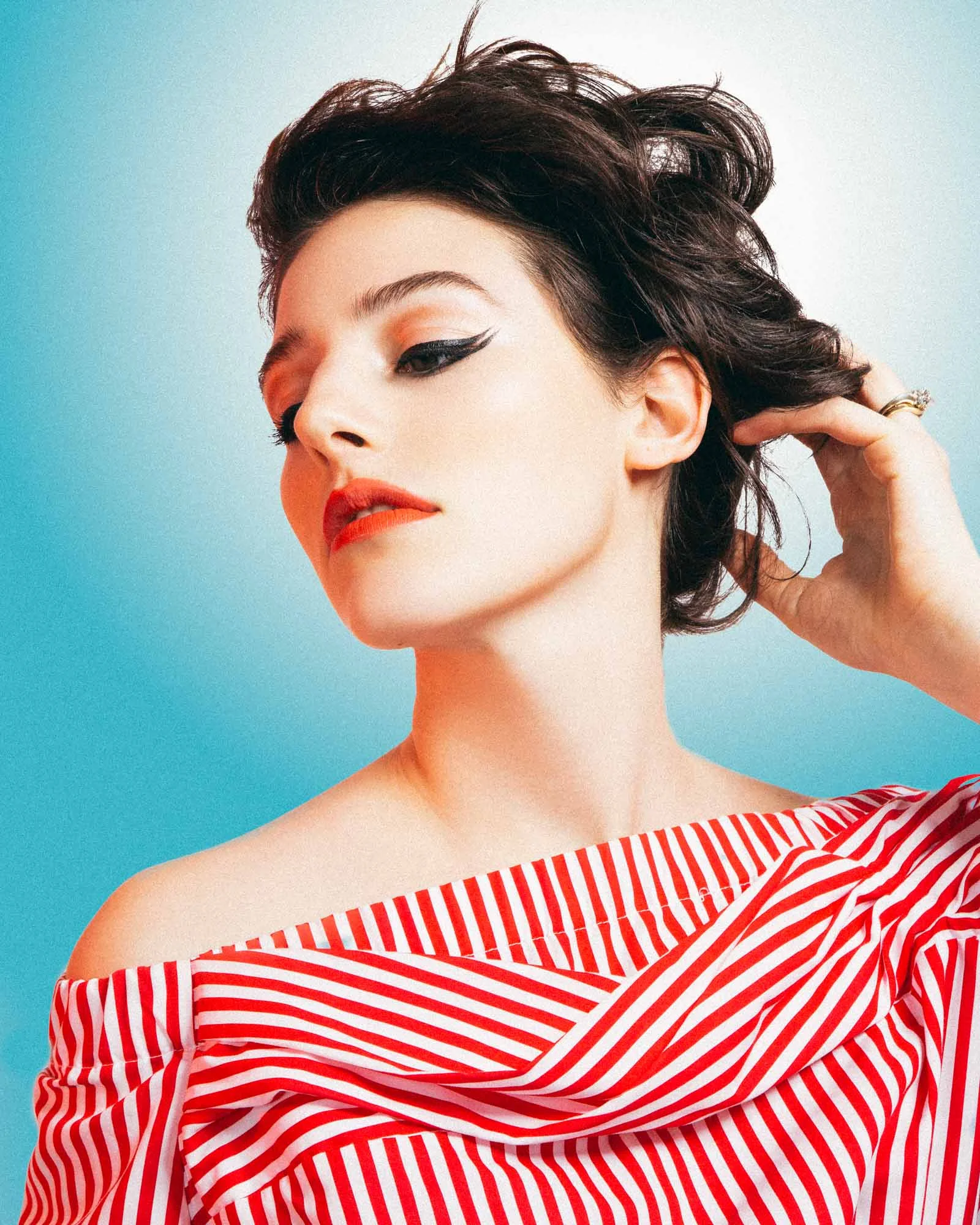 woman red and white top studio fashion photography
