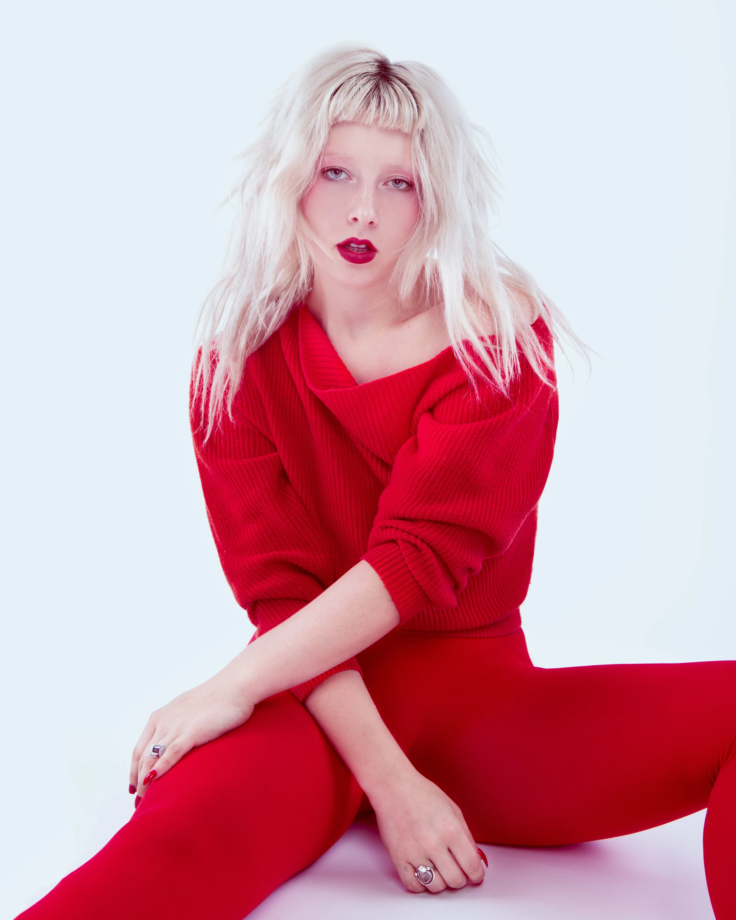 Red outfit Studio portrait fashion photographer Los Angeles