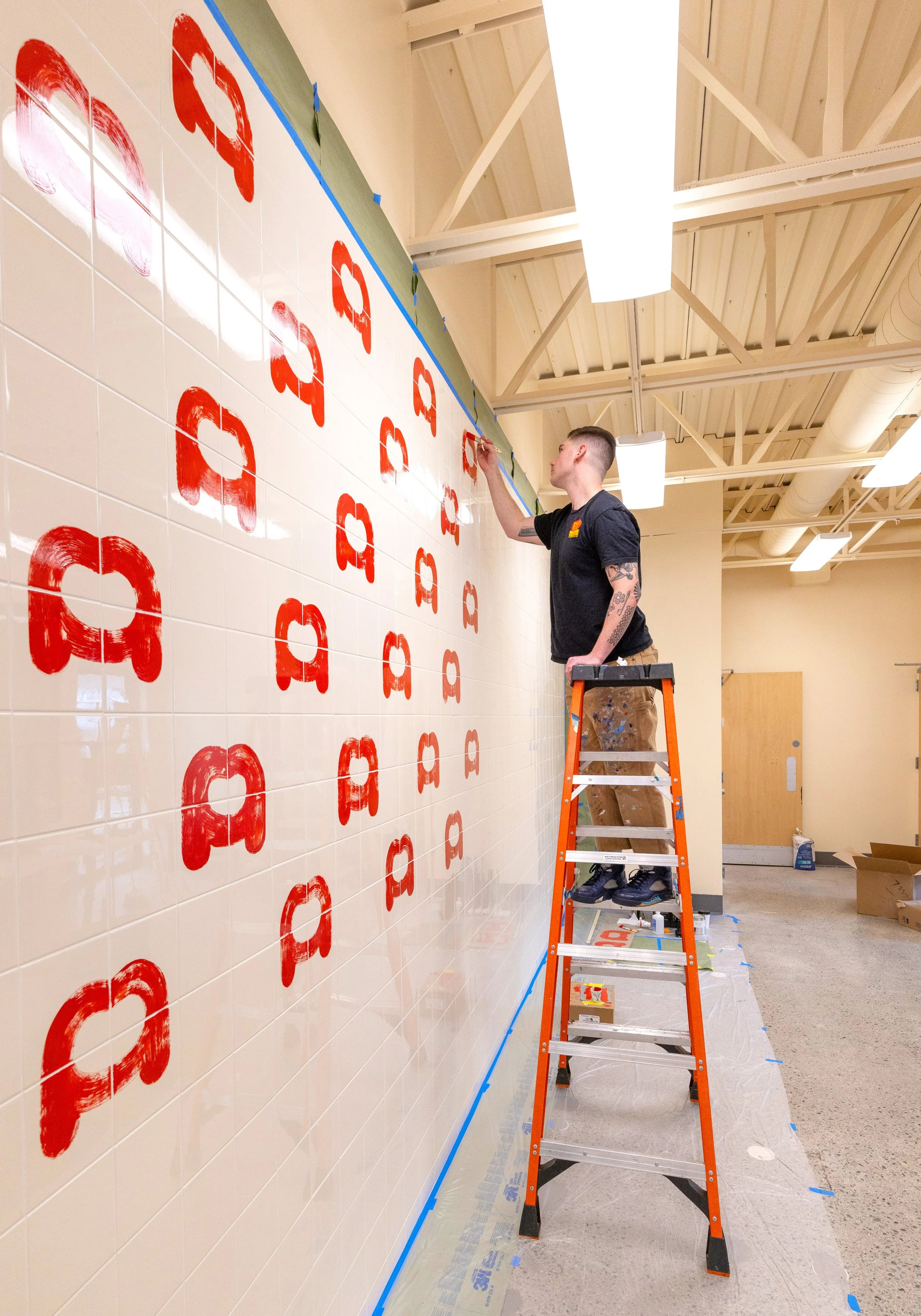 Face Plant mural by Chet Malinow. Composition by Portland-based artist Chet Malinow. Illustration. Corporate Art. Wayfinding. Office Art. Office Mural. Corporate Mural.