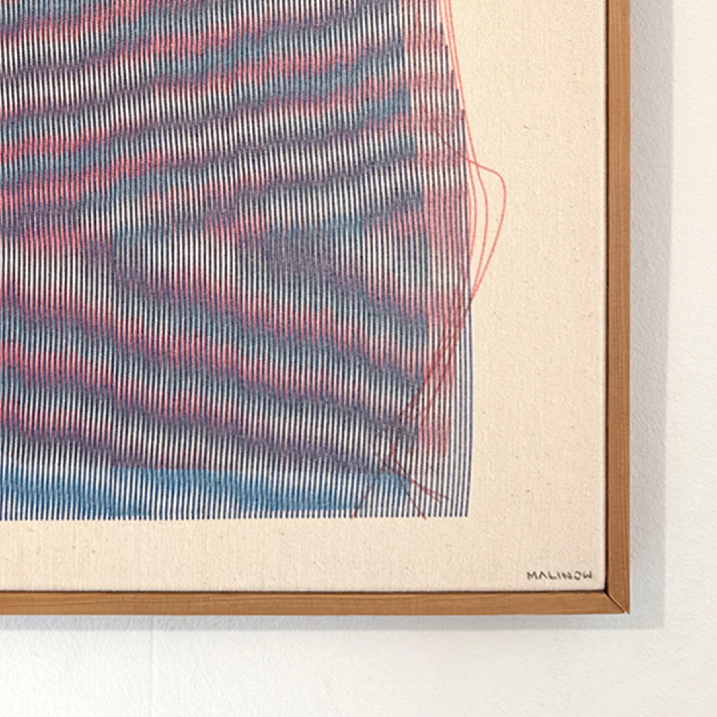 Abstract moiré pattern artwork by Chet Malinow featuring layered blue and red wavy lines on textured canvas in a natural wood frame.