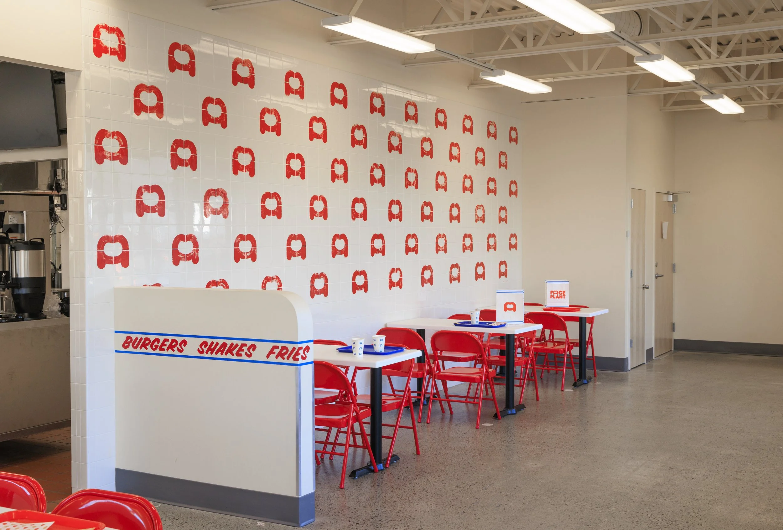 Face Plant mural by Chet Malinow. Composition by Portland-based artist Chet Malinow. Illustration. Corporate Art. Wayfinding. Office Art. Office Mural. Corporate Mural. Face Plant Mural by Chet Malinow. 1shot enamel.