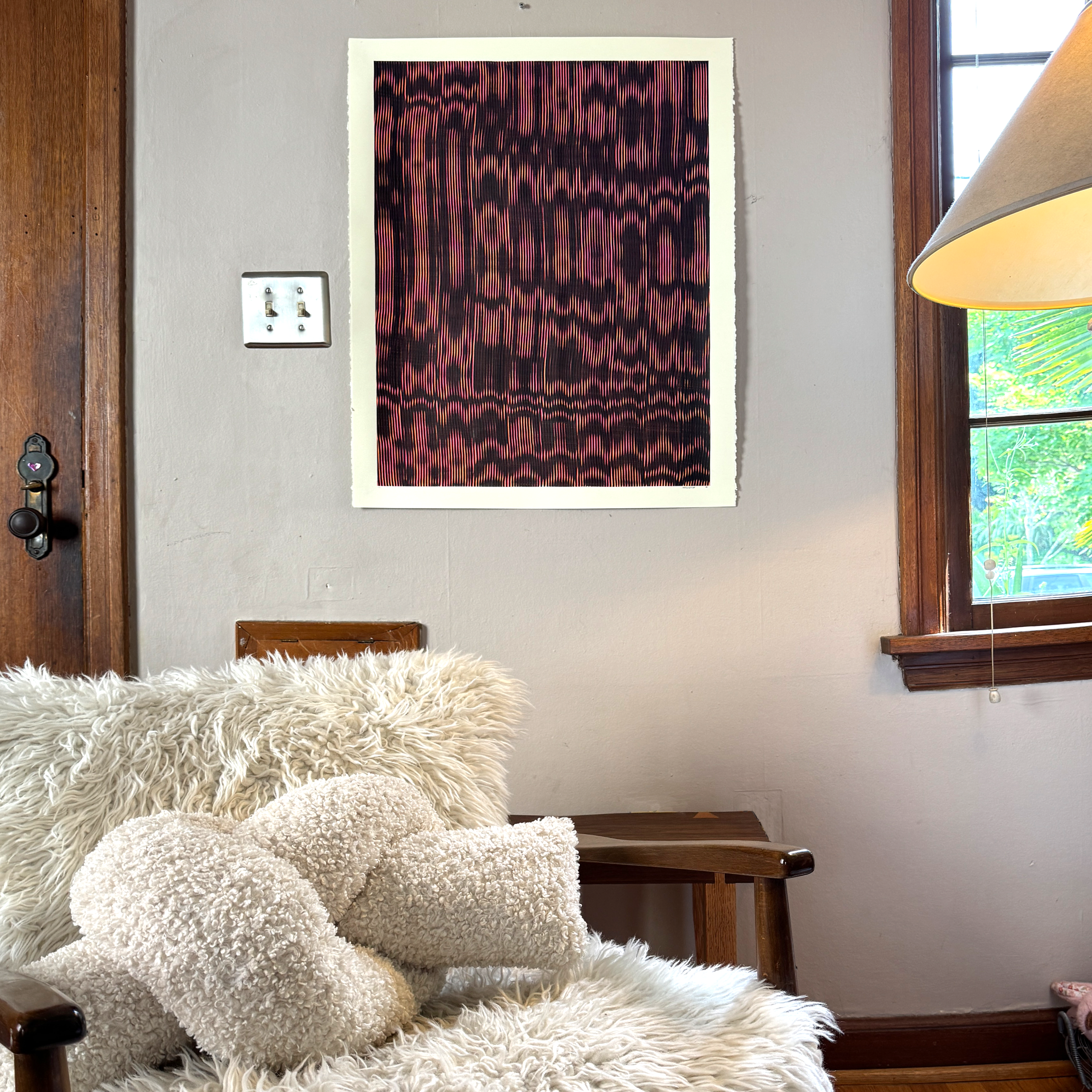 Original moire painting by Chet Malinow in contemporary living room with mid-century modern furniture.