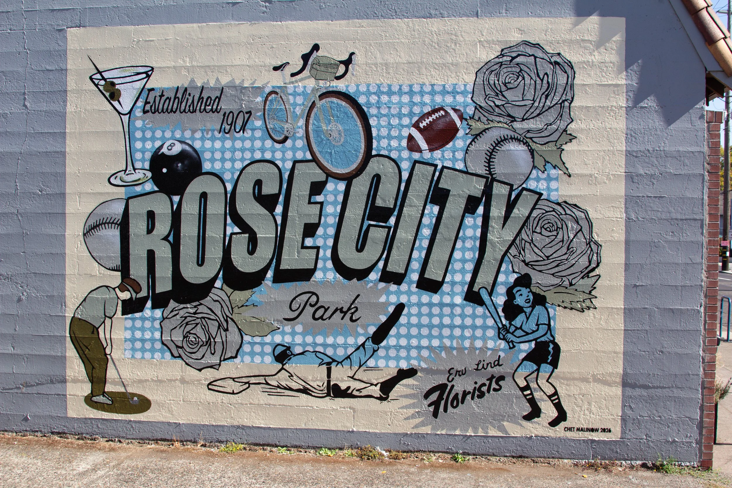 Mural designed and painted by local Portland artist Chet Malinow. Rose City Park neighborhood mural in Portland, Oregon. Biking, football, baseball, softball, golf.