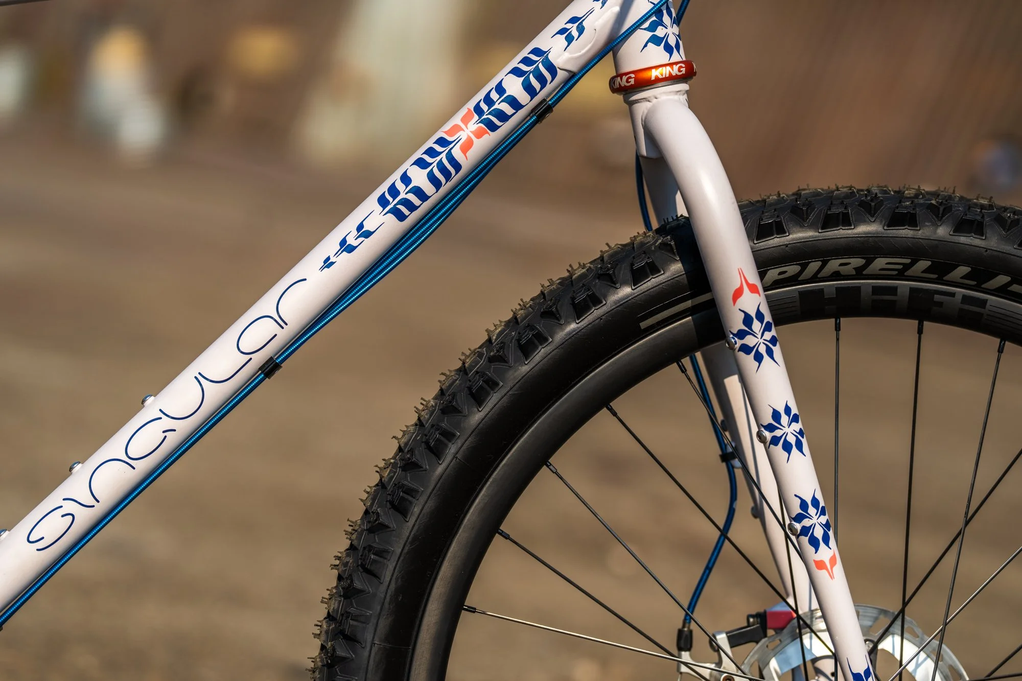 Hand-painted Singular Swift rigid mountain bike featuring custom calligraphic enamel artwork by Chet Malinow, showcased at the MADE Bike Show in Portland Oregon.