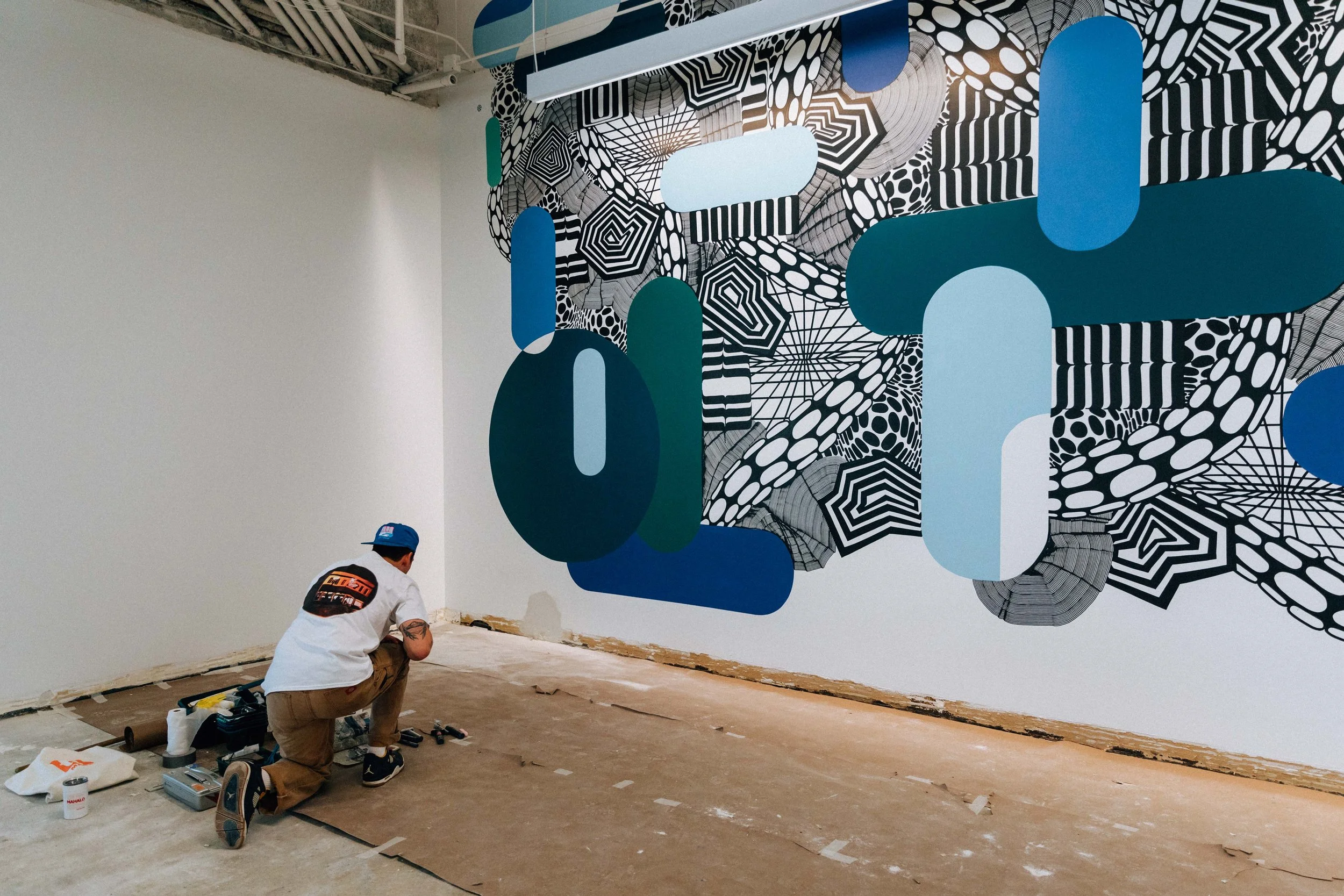 composition by Portland-based artist Chet Malinow. Illustration. Corporate Art. Wayfinding. Office Art. Office Mural. Corporate Mural.