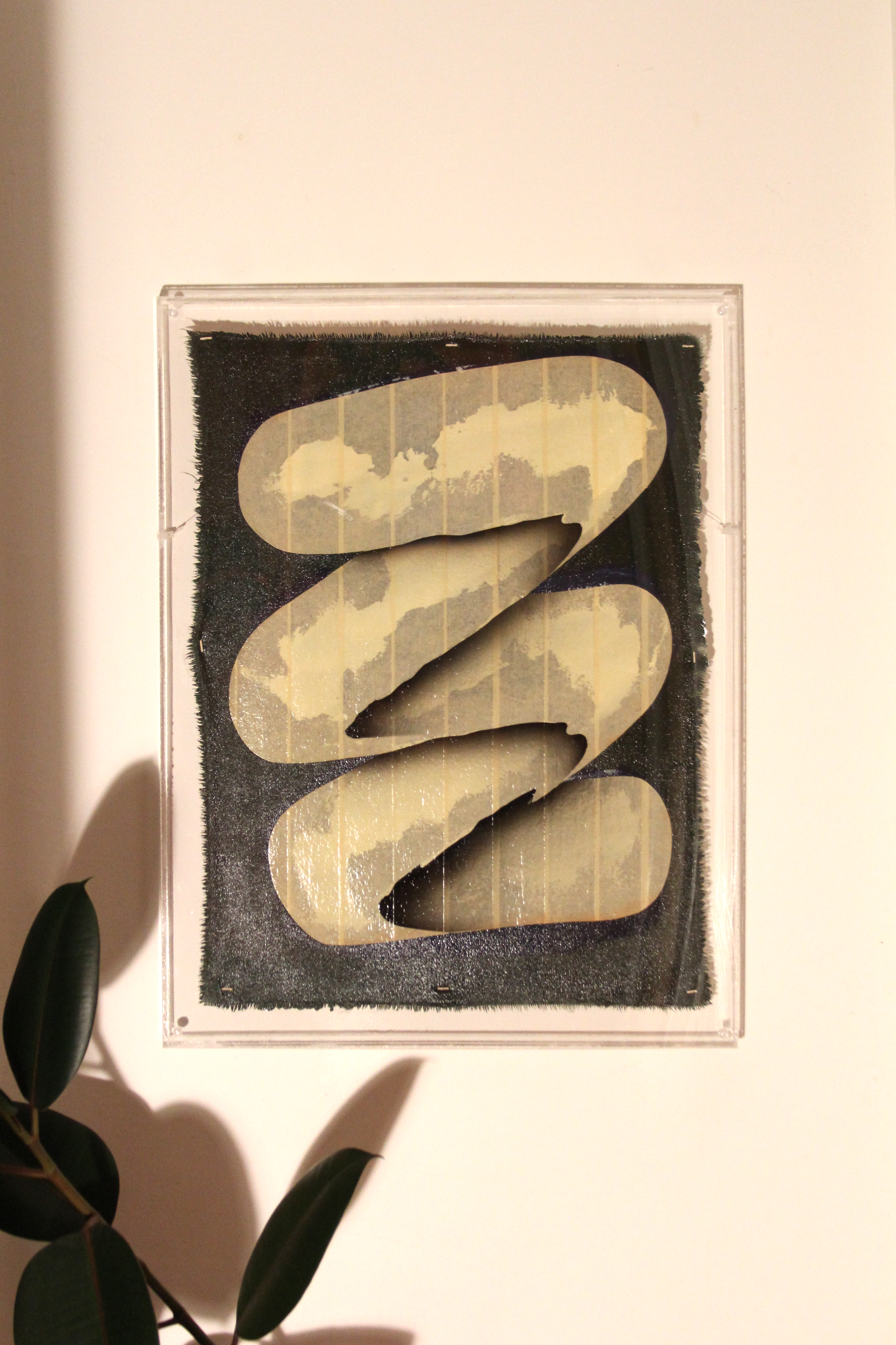 Painting in custom clear acrylic frame designed by Chet Malinow.