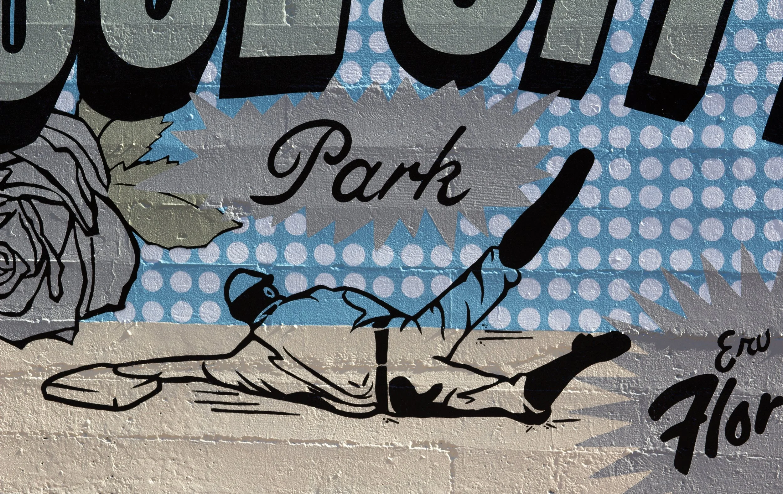 Mural designed and painted by local Portland artist Chet Malinow. Rose City Park neighborhood mural in Portland, Oregon. Biking, football, baseball, softball, golf.