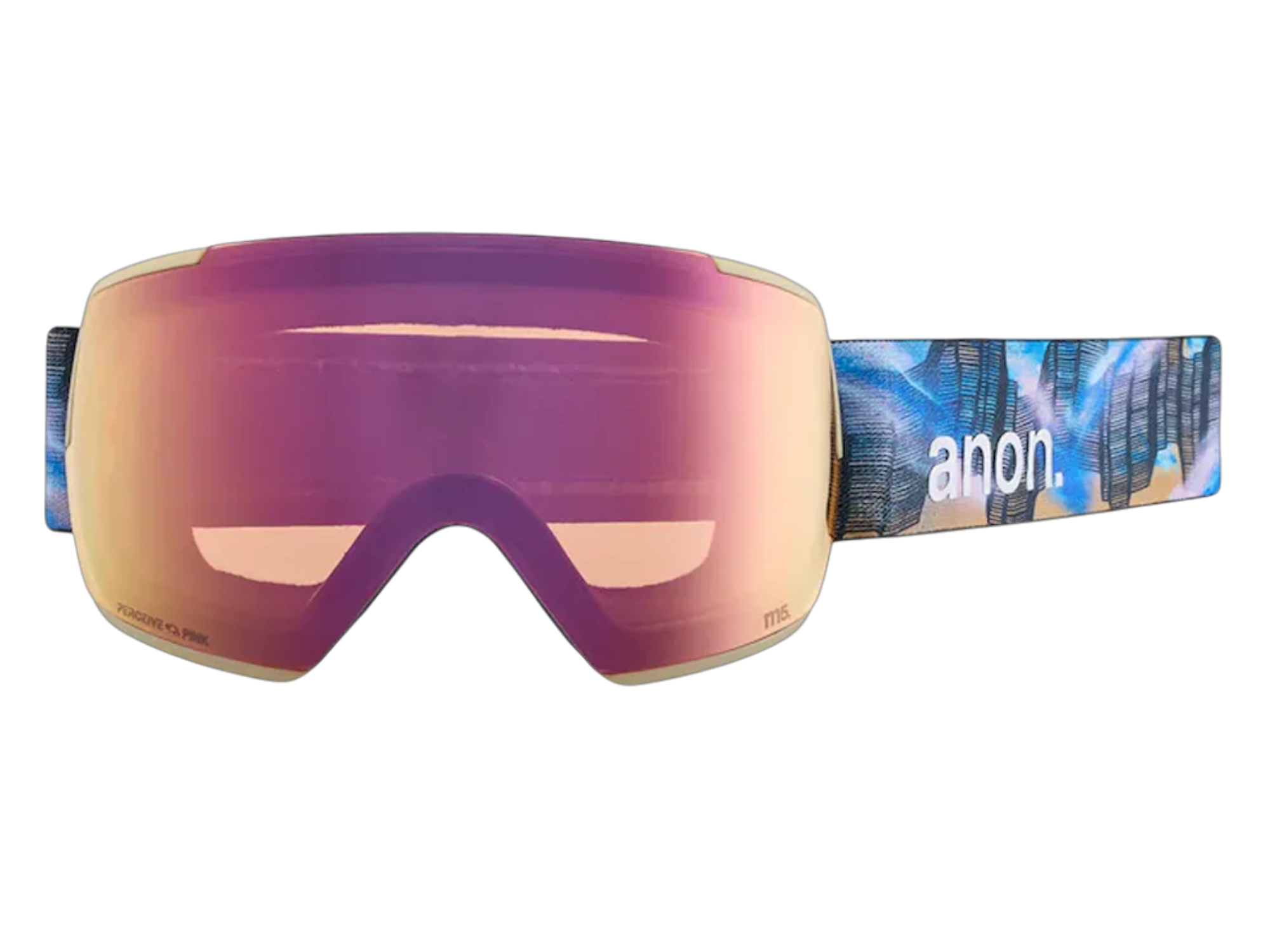 Anon M5, Anon M4, Anon M3 snow goggles featuring blue mirrored lens with matching geometric patterned face mask, limited artist collaboration design by Chet Malinow.