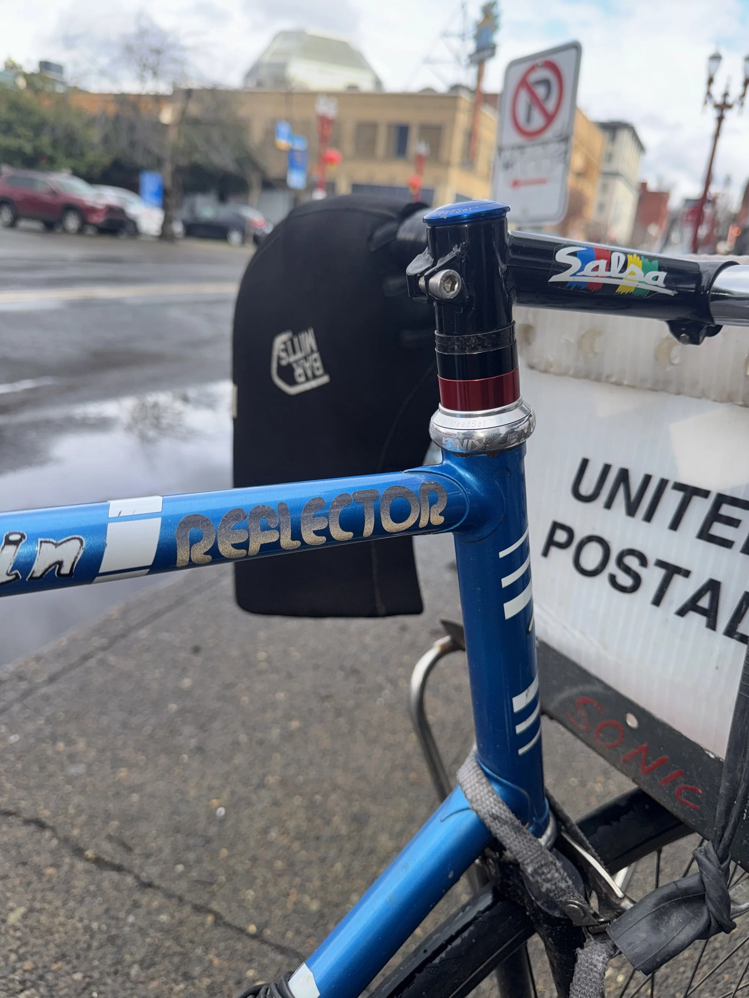 Reflective vinyl sticker designed by Chet Malinow on vintage track fixie bike. Portland.