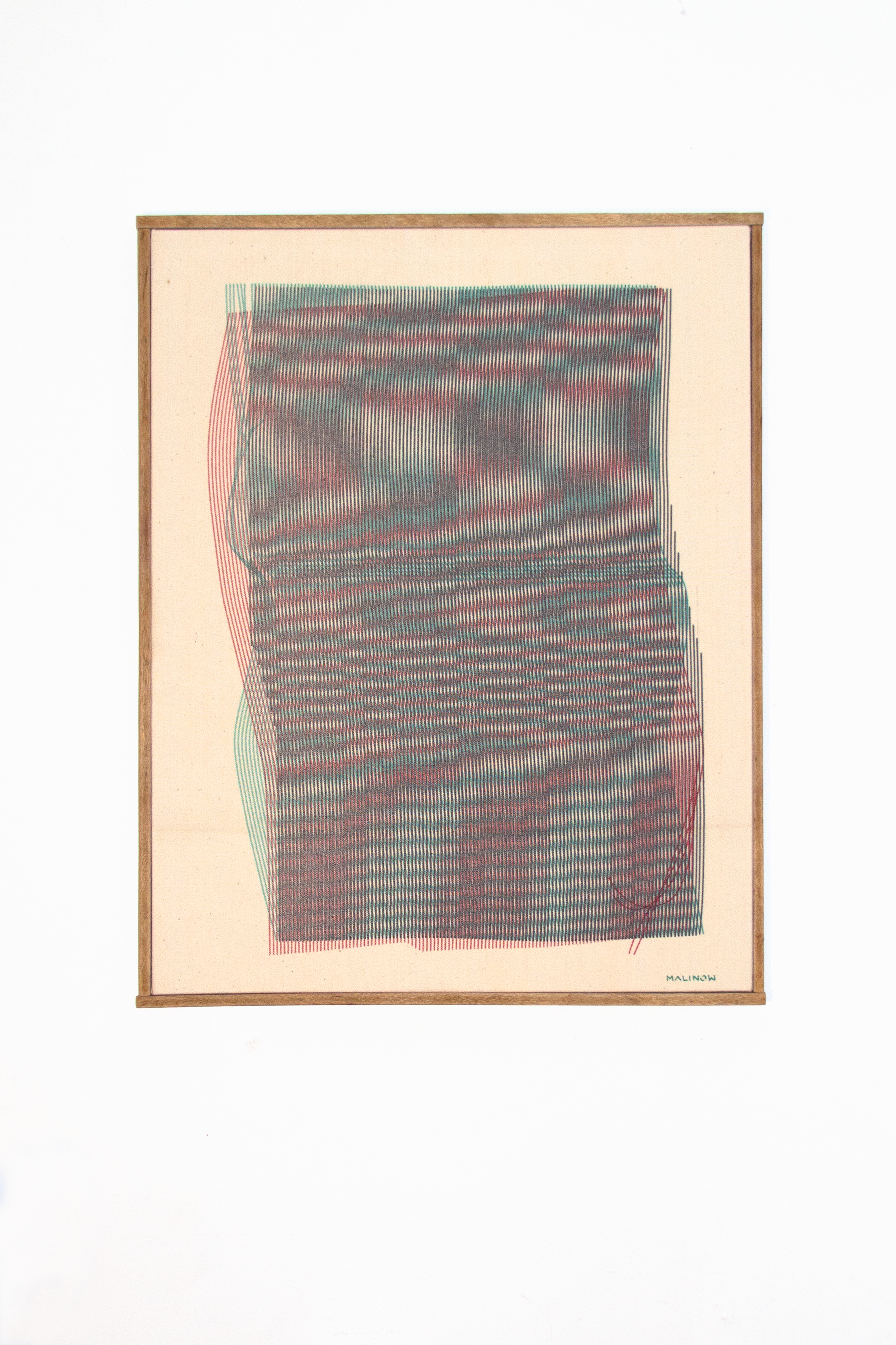 Moire plotter painting by Chet Malinow on vintage canvas with custom wood frame.