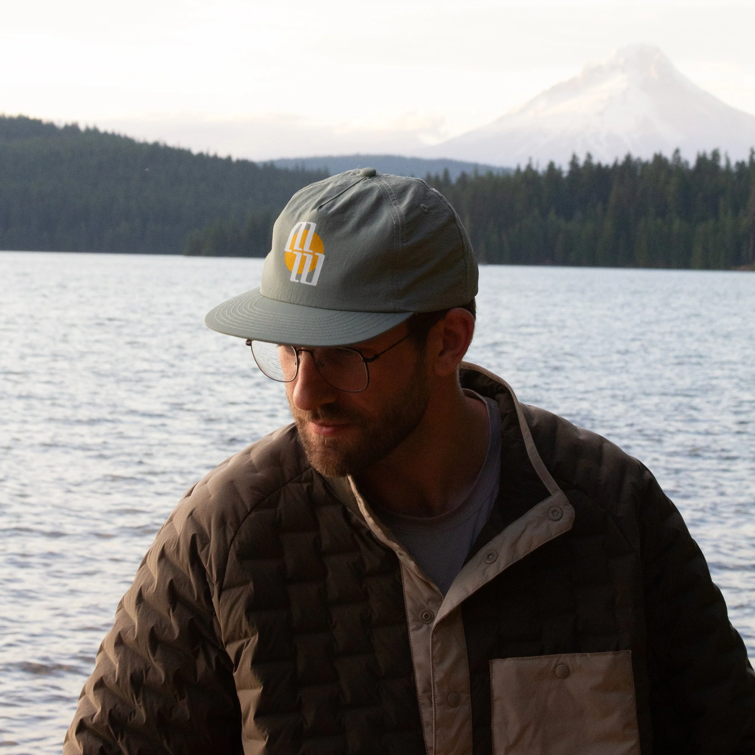 Custom nylon snapback made by Chet Malinow. Outdoors, oregon, skiing, biking, studio. Art. Mt. Hood. Trillium Lake, Oregon (Copy)