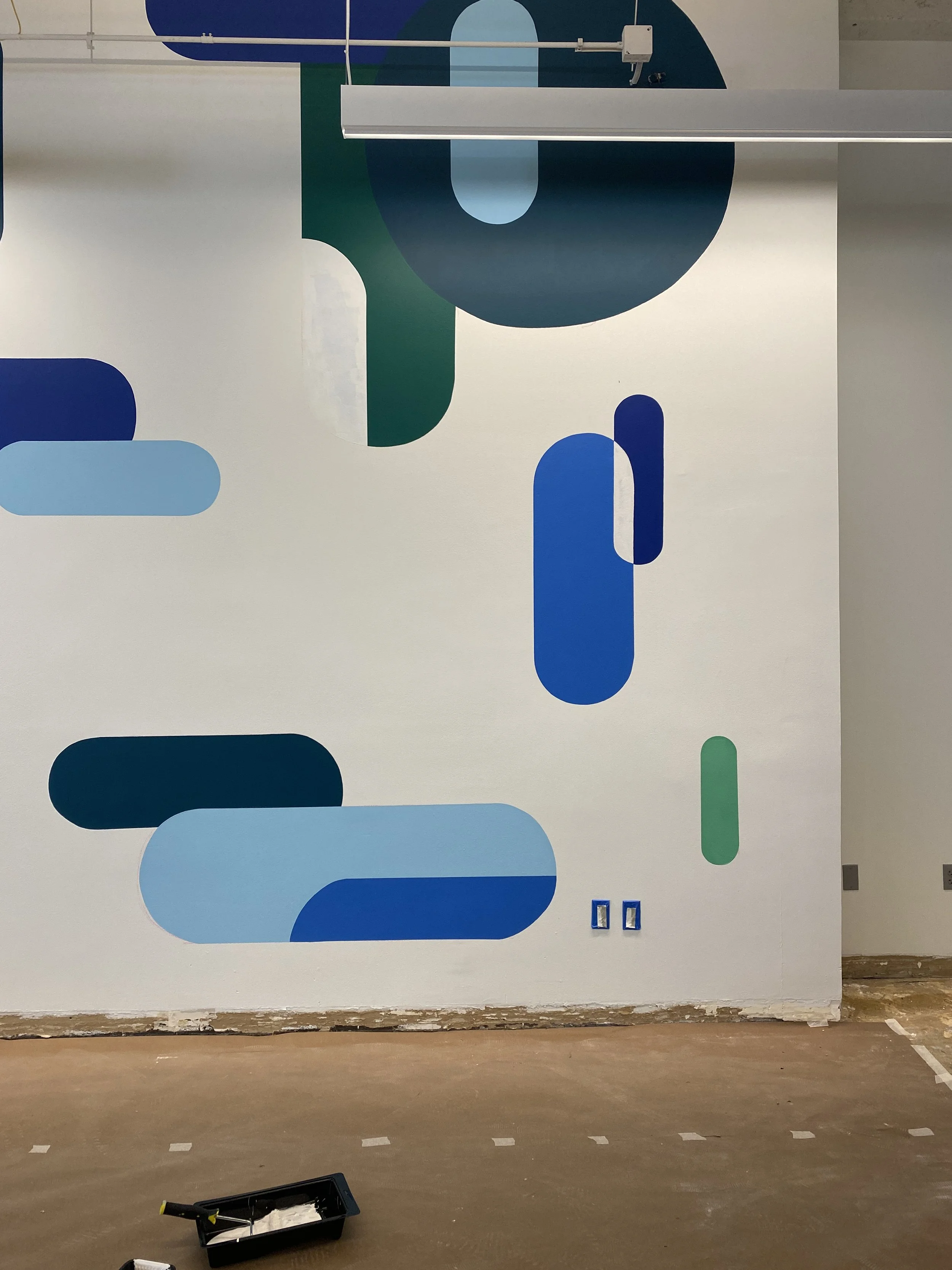 composition by Portland-based artist Chet Malinow. Illustration. Corporate Art. Wayfinding. Office Art. Office Mural. Corporate Mural.