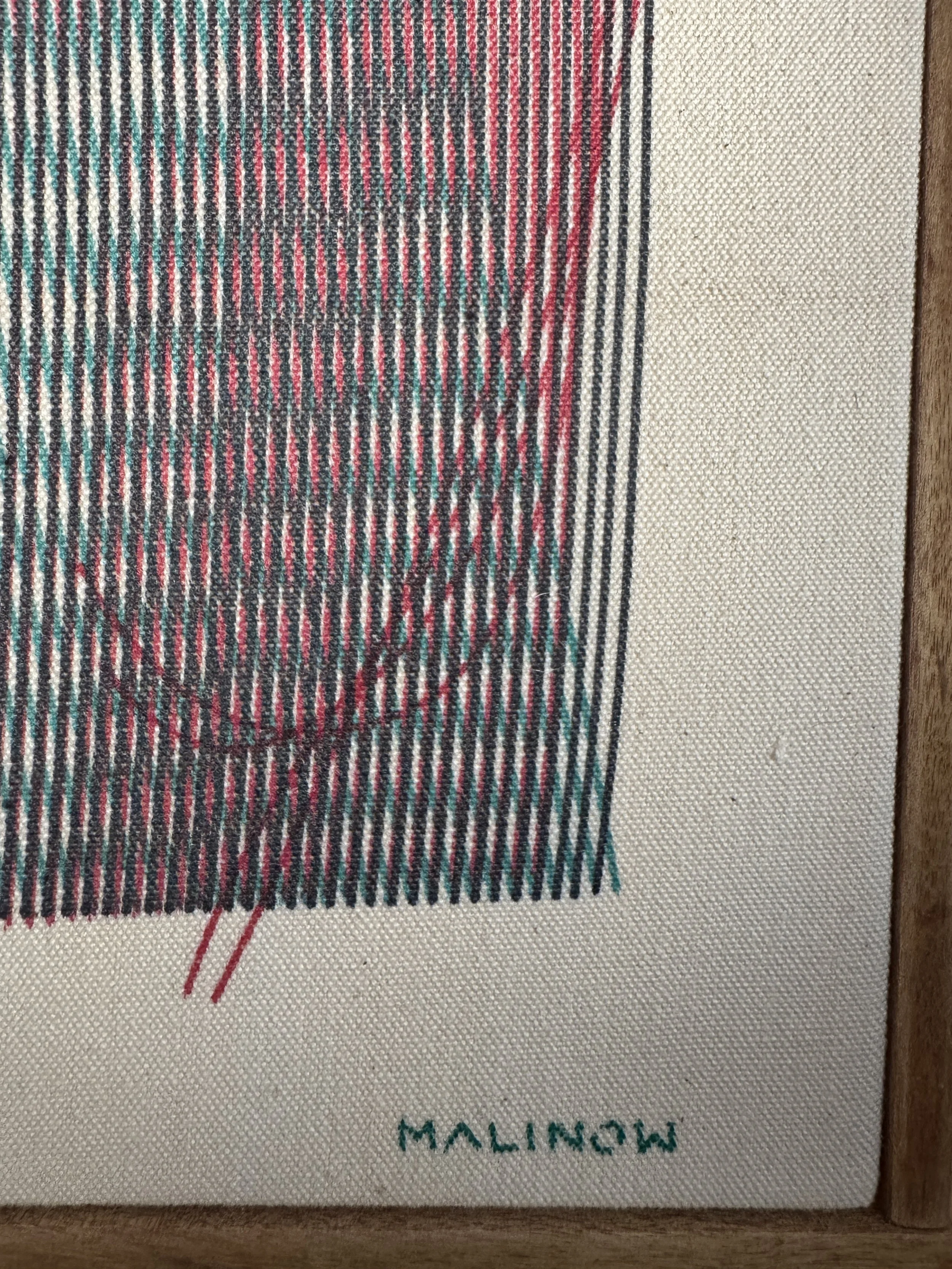 Moire plotter painting by Chet Malinow on vintage canvas with custom wood frame.