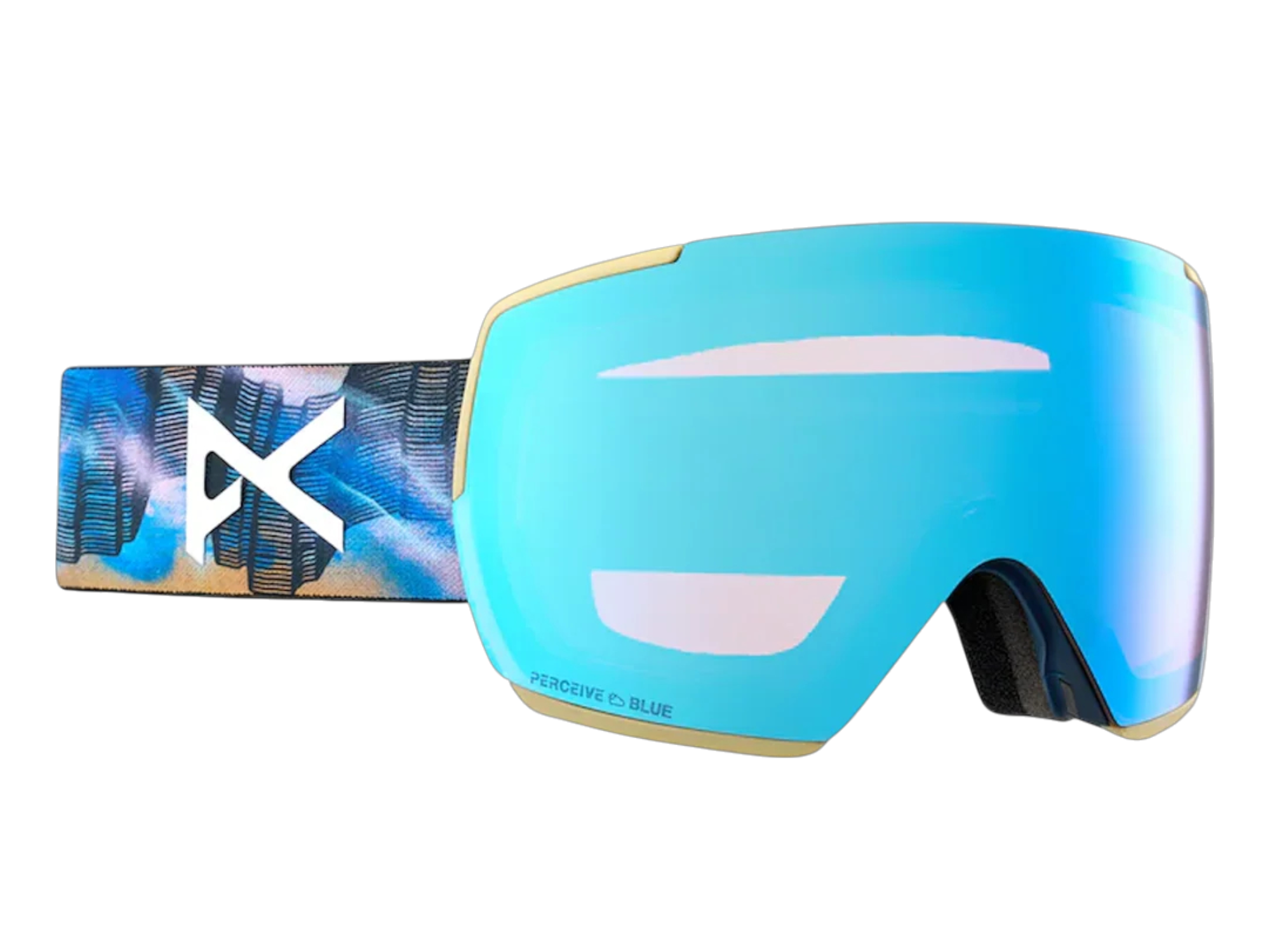 Anon M5, Anon M4, Anon M3 snow goggles featuring blue mirrored lens with matching geometric patterned face mask, limited artist collaboration design by Chet Malinow.