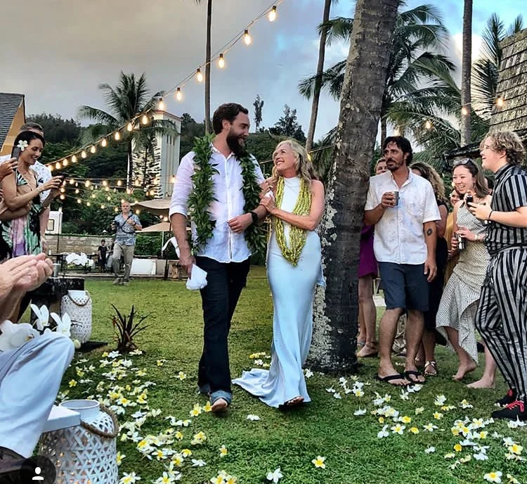 Katye in her custom baby blue silk gown at her North Shore Oahu wedding.